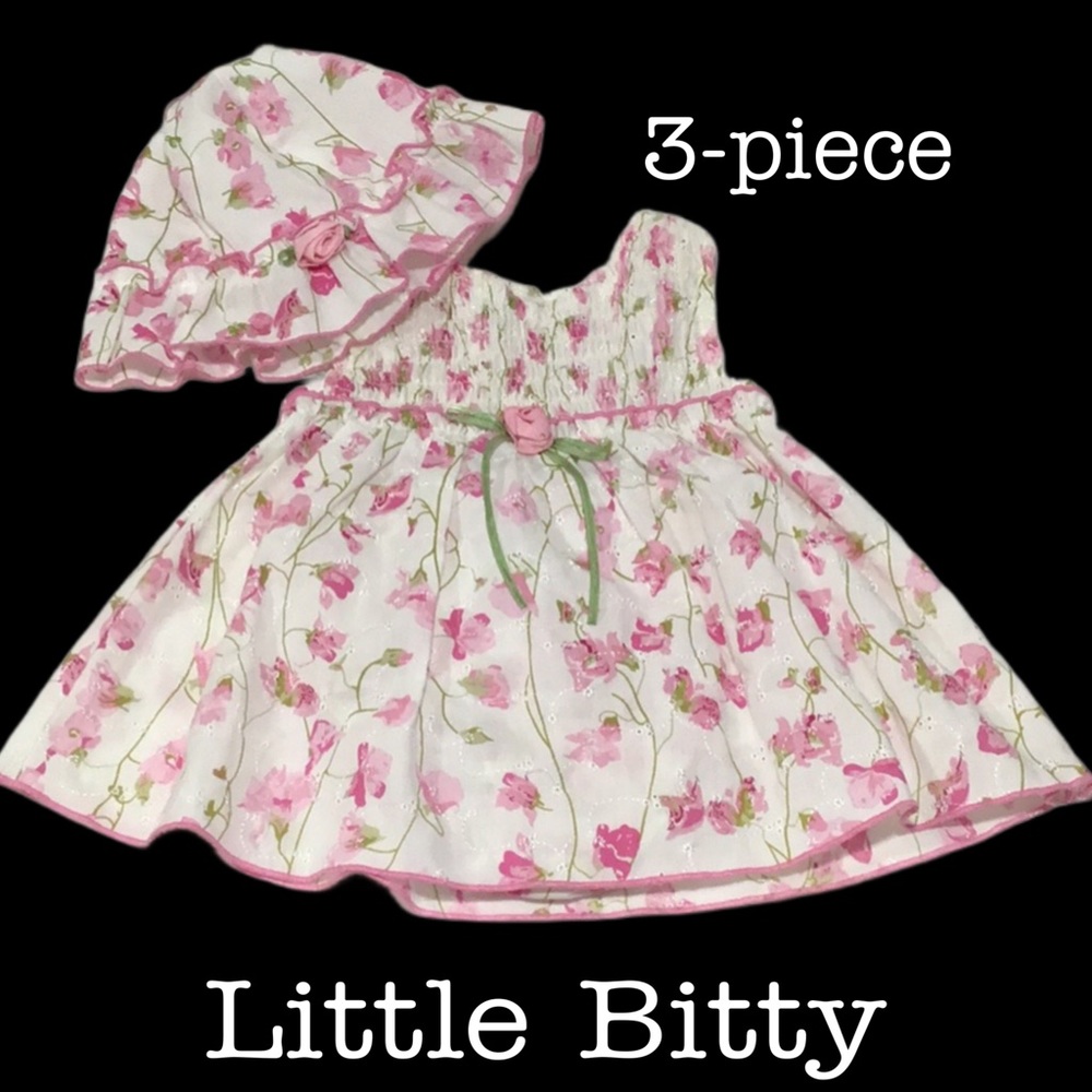 Little Bitty 3-Piece Eyelet Dress Set, Dress/Panty/Hat, Floral Print, Size 12 Mo
